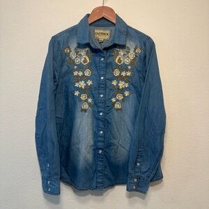 Outback Women's Blue Embroidered Button Down Shirt